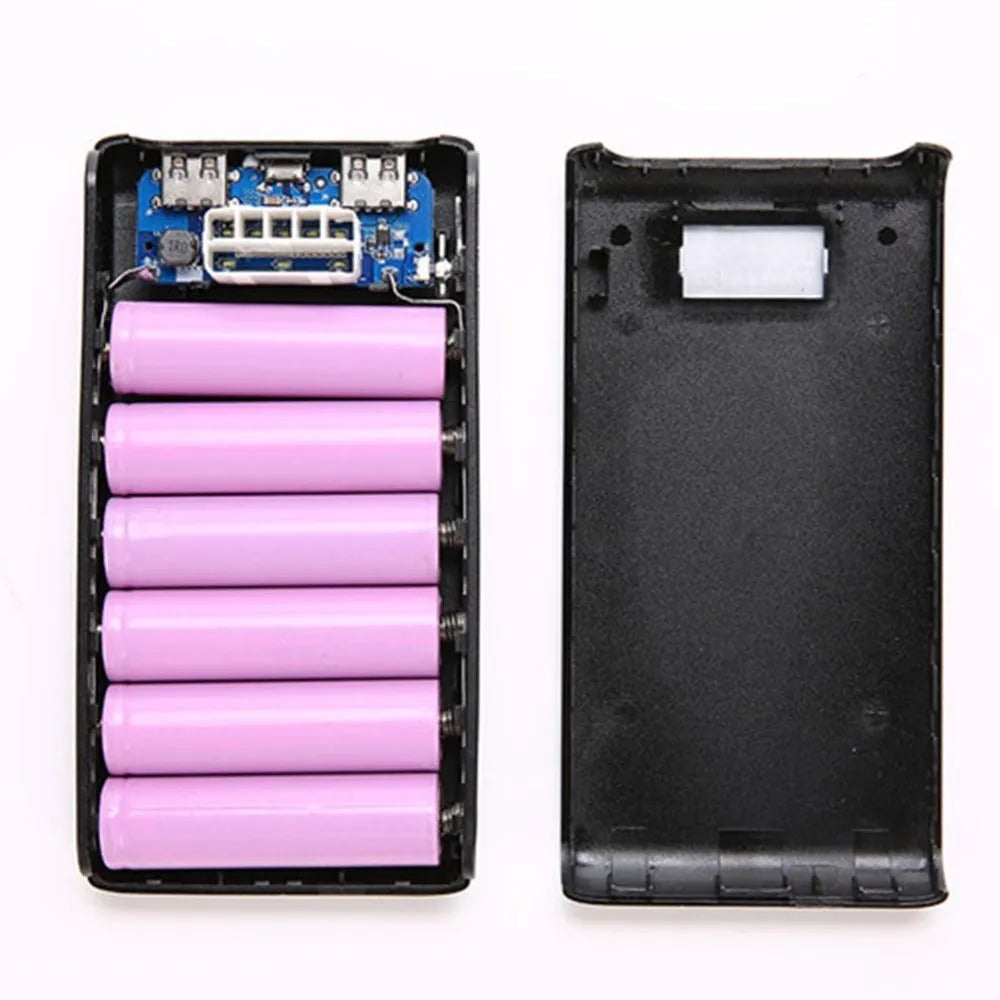 18650 6-cell DIY mobile charging bank case in black with Type-C and Micro USB ports, 22mm x 76mm x 150mm