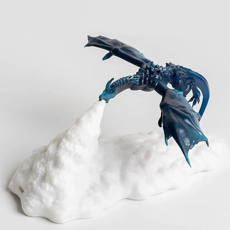 3D printed red dragon night light with fire-breathing LED glow on a dark surface