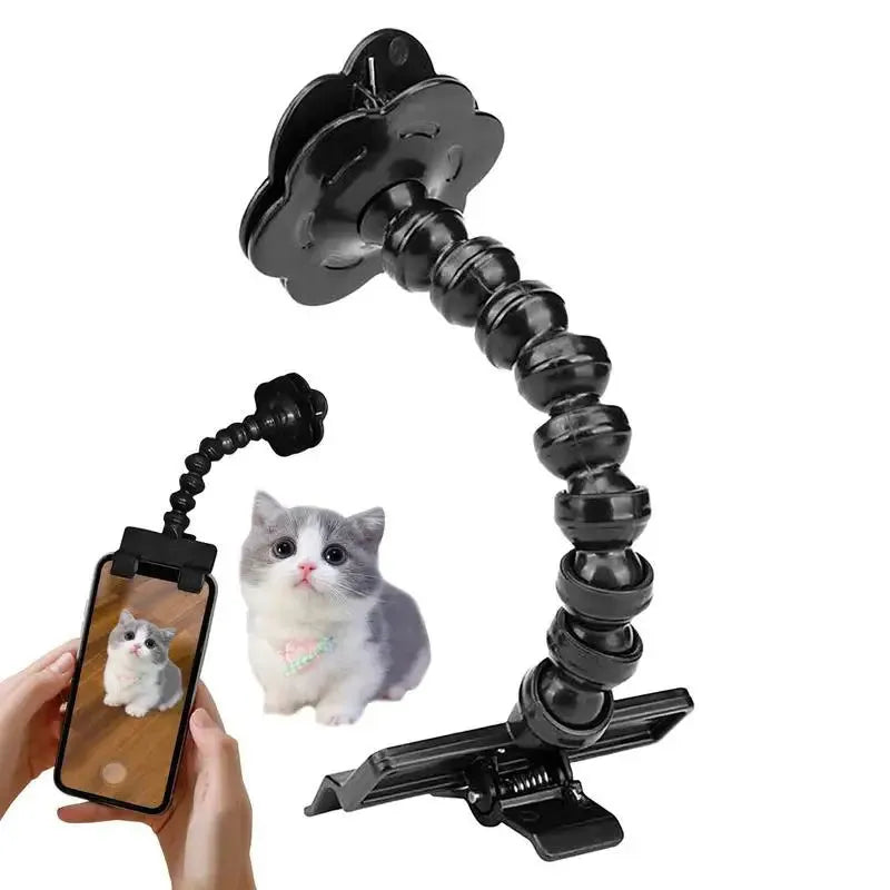 Pet photography tool with black plastic phone clip and snack holder for dog selfies