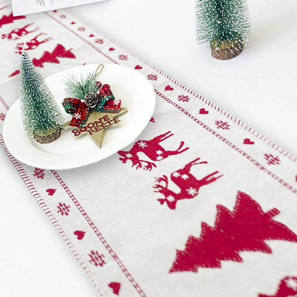 Christmas cotton linen table runner with elk and snowman design, 35x180cm