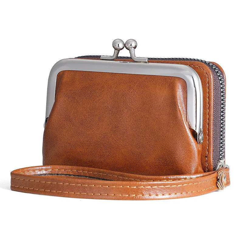 Ladies' buckle coin purse with snap closure and clip in black, 4-inch size, compact leather wallet for coins
