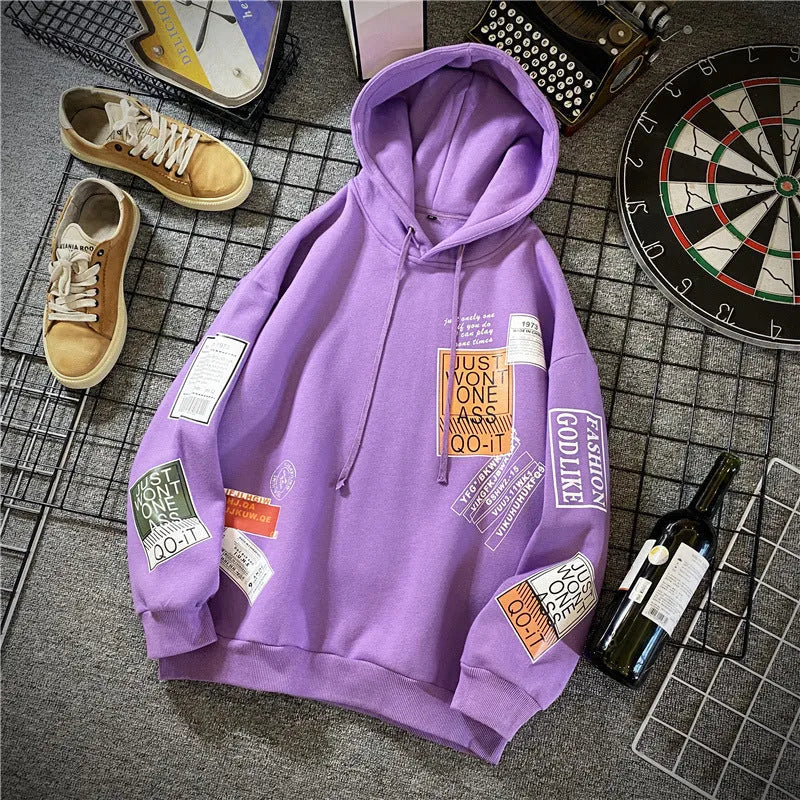 Printed hoodie with lapel collar and long sleeves, shown in one of eight colour options, fabric is cotton blended with 85% polyester