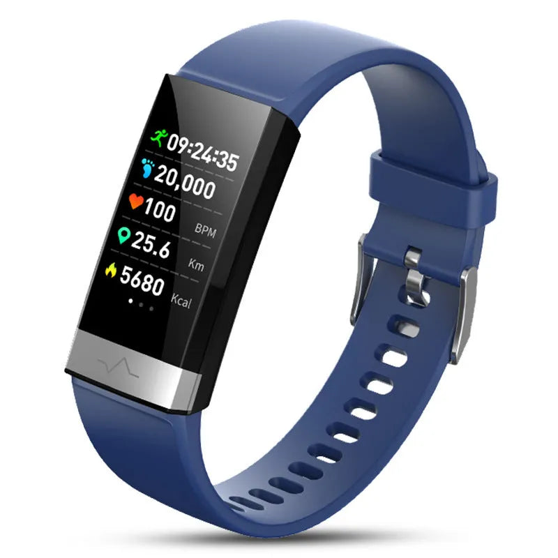 V19 smart fitness bracelet with colour screen, shown in black, blue, and red colour options on a wrist.