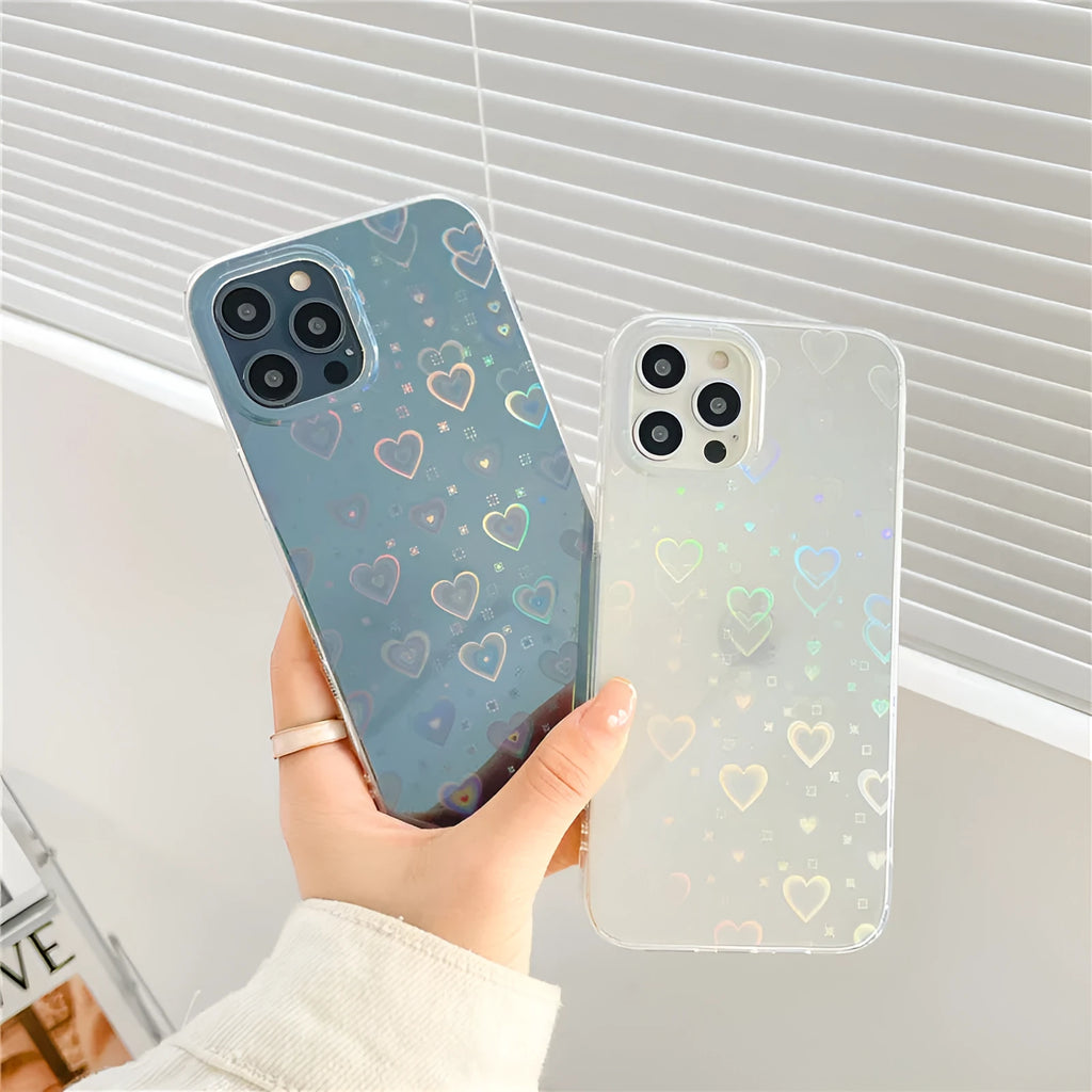 Transparent silicone iPhone case with laser colourful love design shown on an iPhone