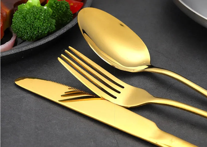 High-end tableware 24 piece set in stainless steel with one-piece moulding, available in multiple colours including black gold and rose gold