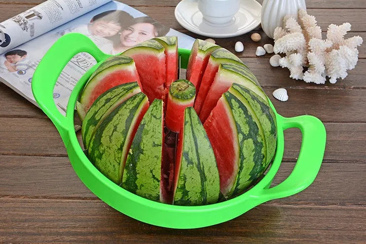 Multi-function fruit slicer cutting watermelon into 12 uniform slices with stainless steel blade and green PP plastic frame