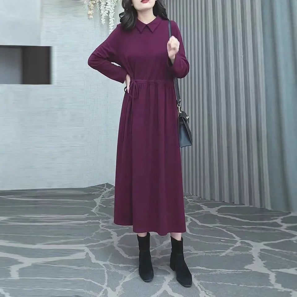 Purplish red women's plus size long sleeve dress with a long skirt for autumn and winter wear.