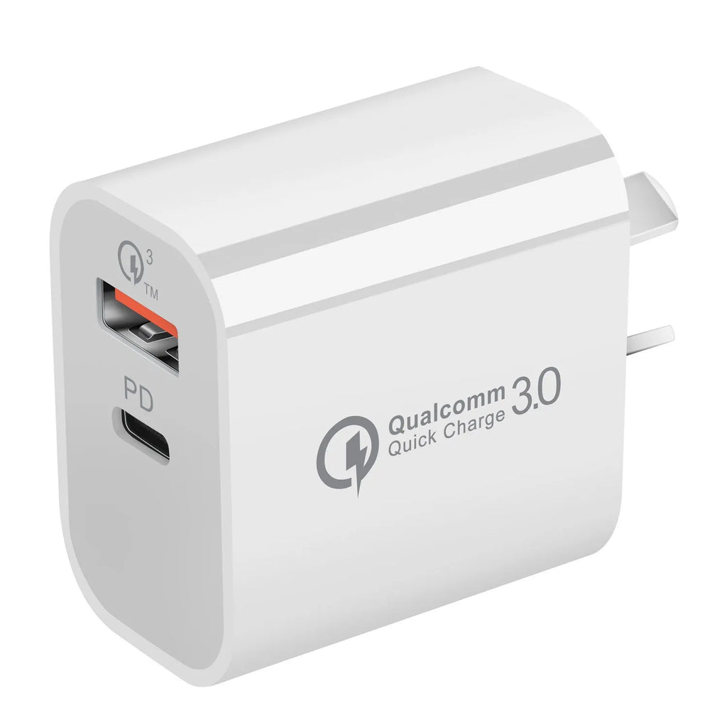 White dual port Australian standard charger with USB-A and USB-C ports, 63x40x22mm, SAA certified