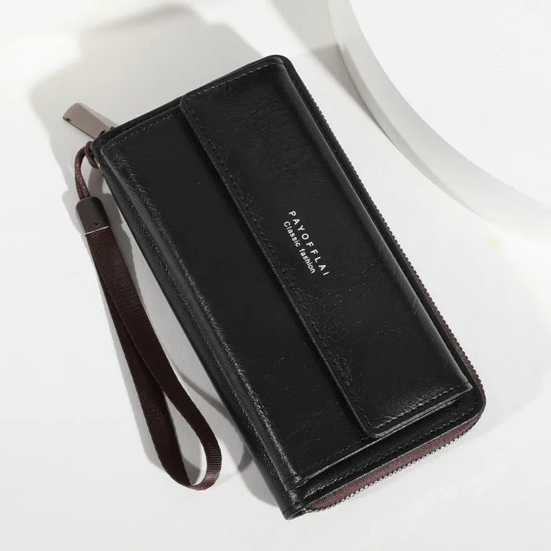 Men's black PU leather bi-fold wallet showing multiple card slots and compact 19cm design