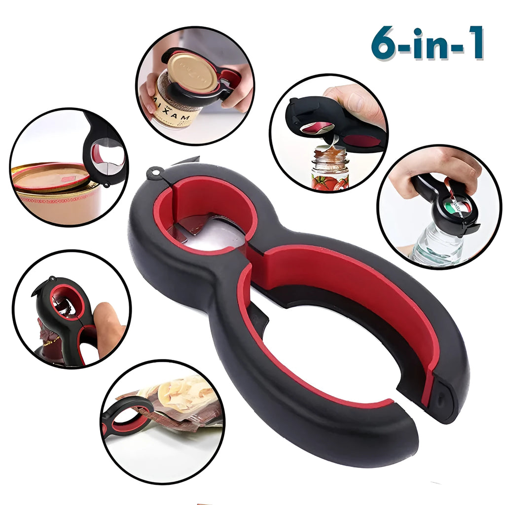 Six-in-one ergonomic bottle and can opener with stainless steel head and soft grey handle on a kitchen countertop
