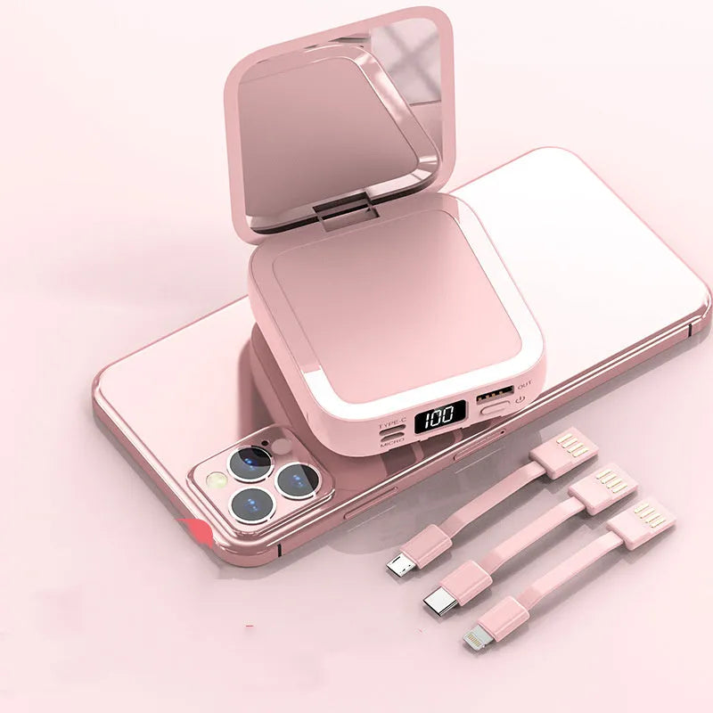 Beauty mirror power bank with cable in cherry blossom pink, compact size 84x78x33mm