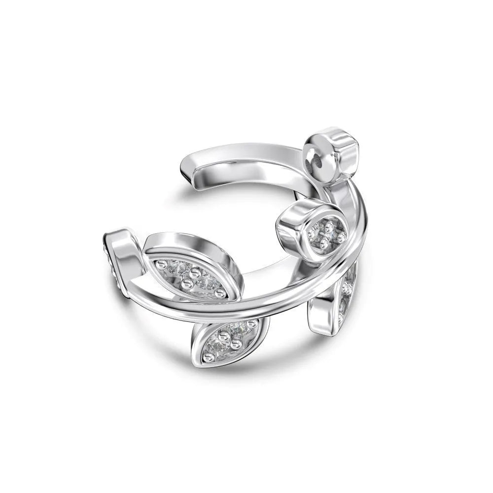 925 silver leaf-shaped ear clip with zircon inlay, golden electroplated finish, clip-on style for women