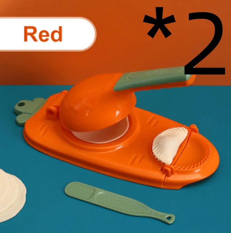 2-in-1 plastic dumpling dough press maker in orange and white, with ergonomic handle and hanging hole for storage
