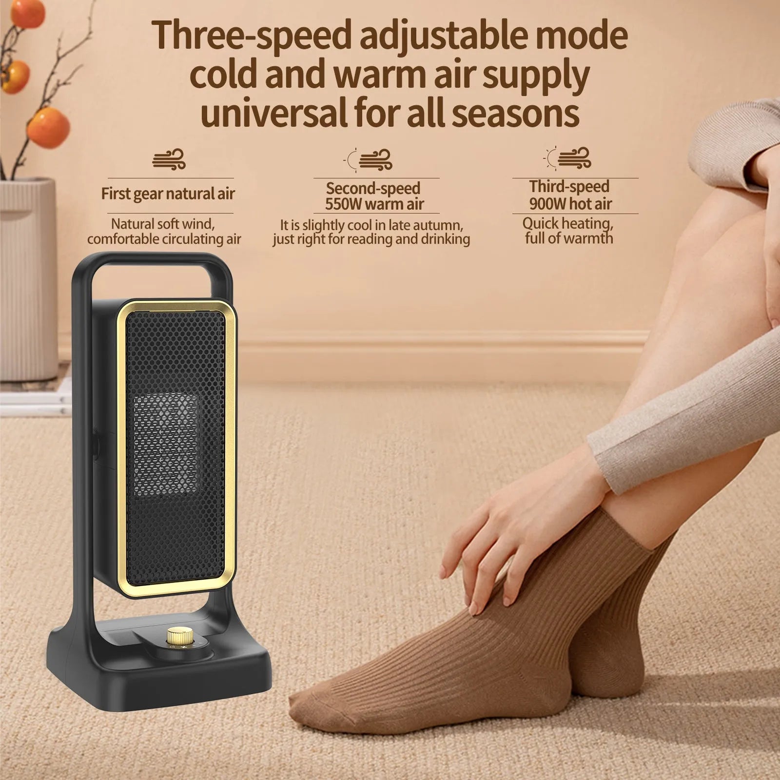 Black PTC ceramic desktop air heater with knob control on wooden surface