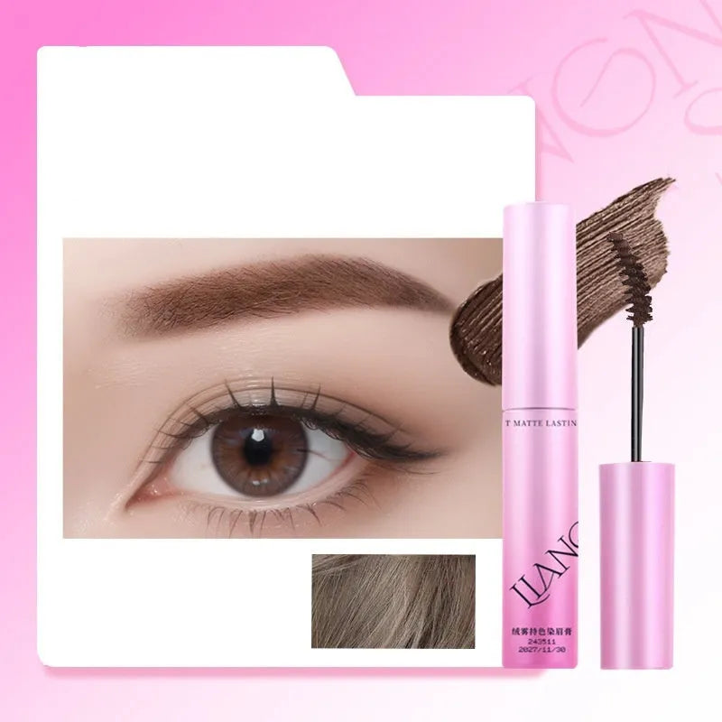 Long-lasting velvet matte eyebrow cream container showing four colour options including milk coffee coconut palm shade
