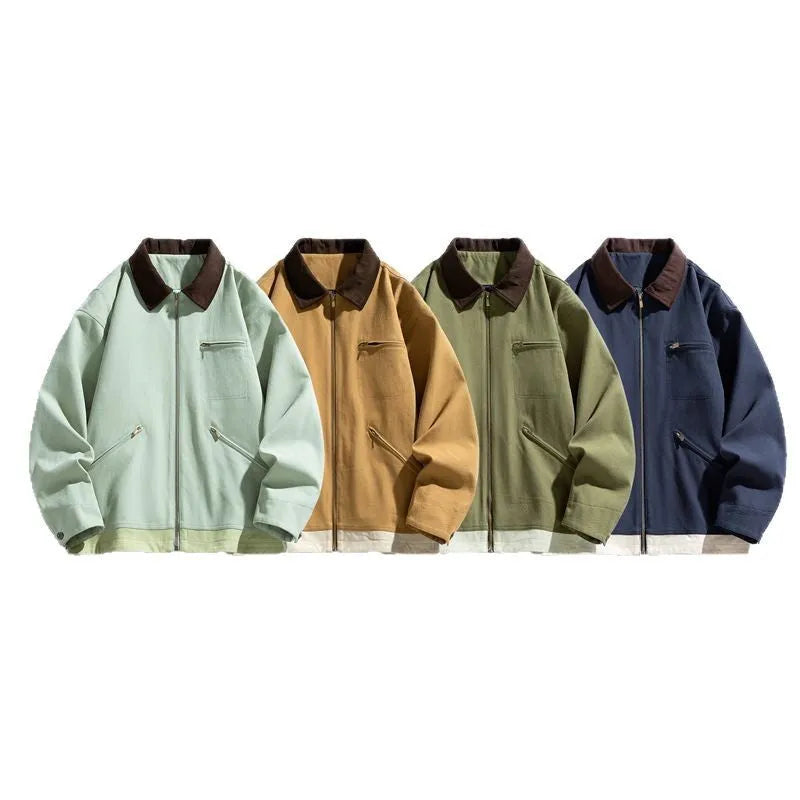 Men's Korean-style loose-fit workwear jacket with contrast colour lapels in polyester fabric