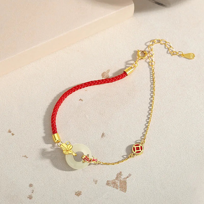 925 silver koi peace buckle bracelet with Hetian jade and red rope, gold electroplated finish