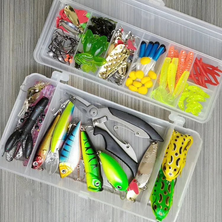 142-piece fishing lure suit with metal pliers and hard minnow lures featuring sequin accents