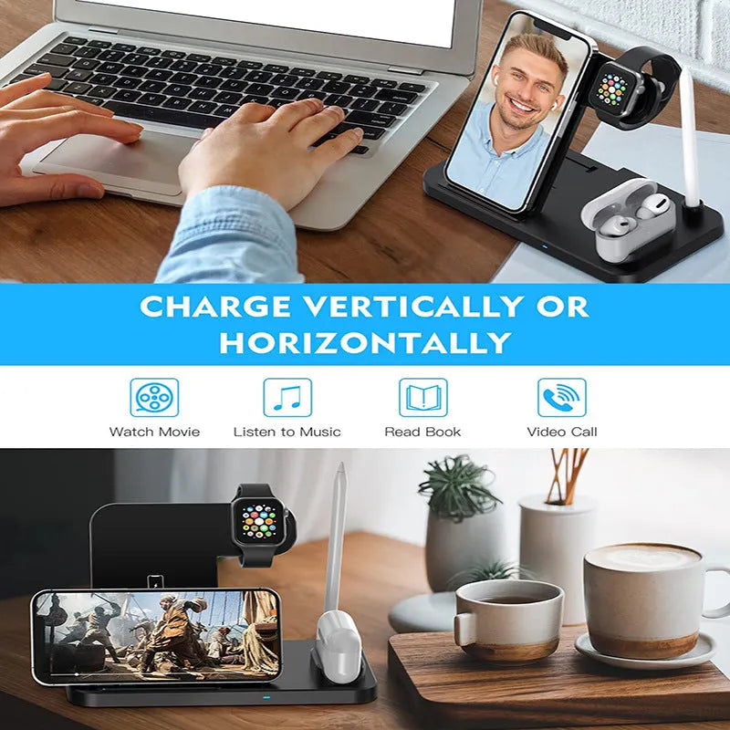 Black four-in-one wireless charger N18 for mobile phones with QC3.0 charging head on a desk