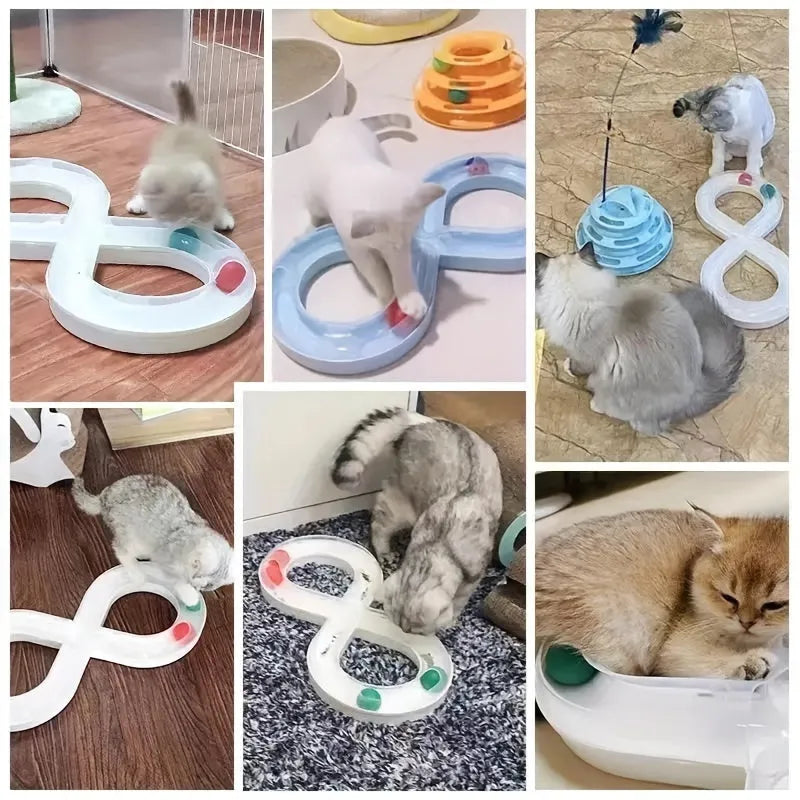 Blue cat turntable toy with rotating ball track and feather teaser wand on floor