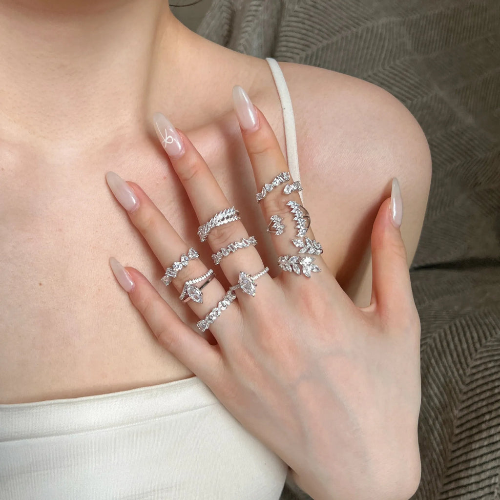 S925 sterling silver geometric hexagon ring with adjustable opening on finger, white finish