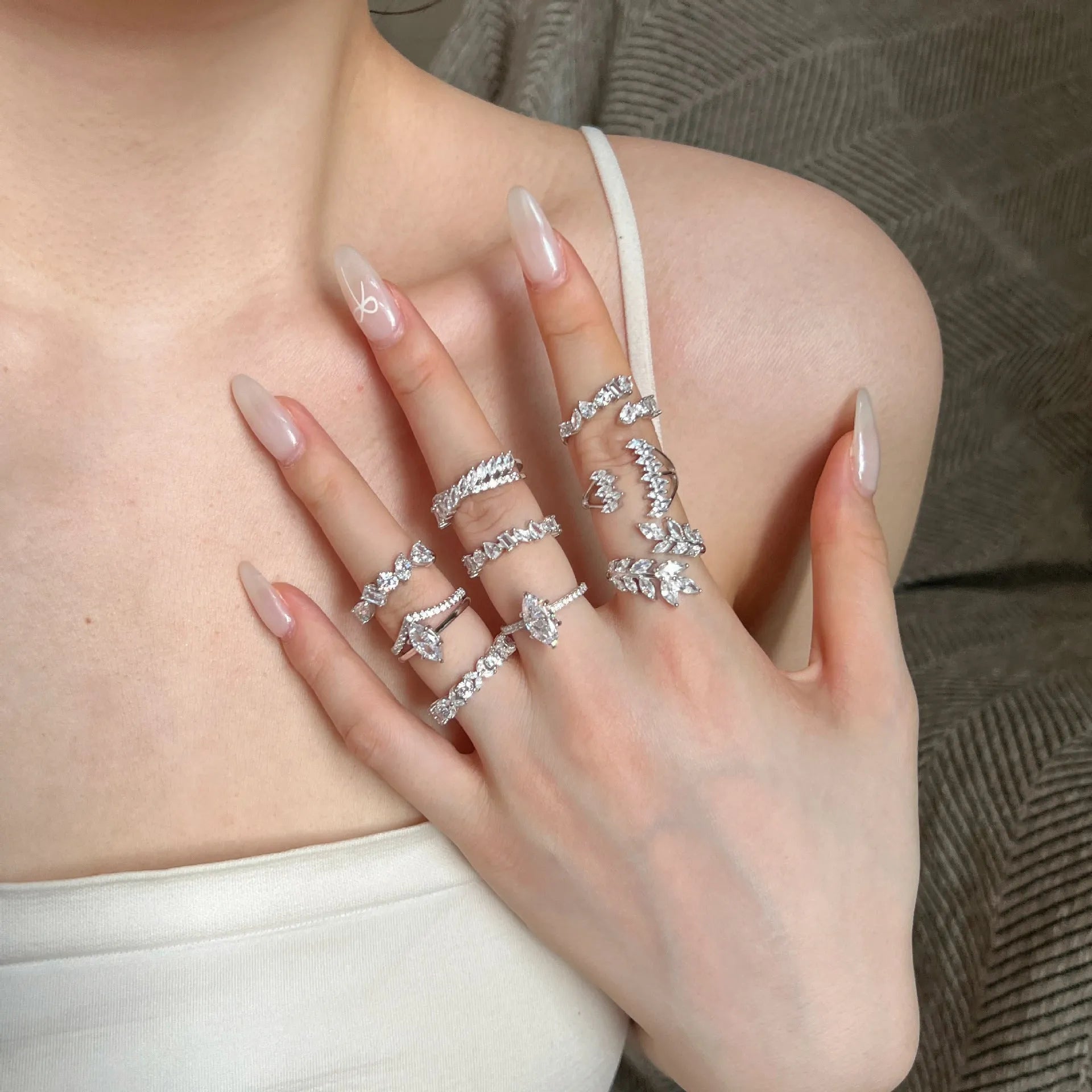 S925 sterling silver geometric hexagon ring with adjustable opening on finger, white finish