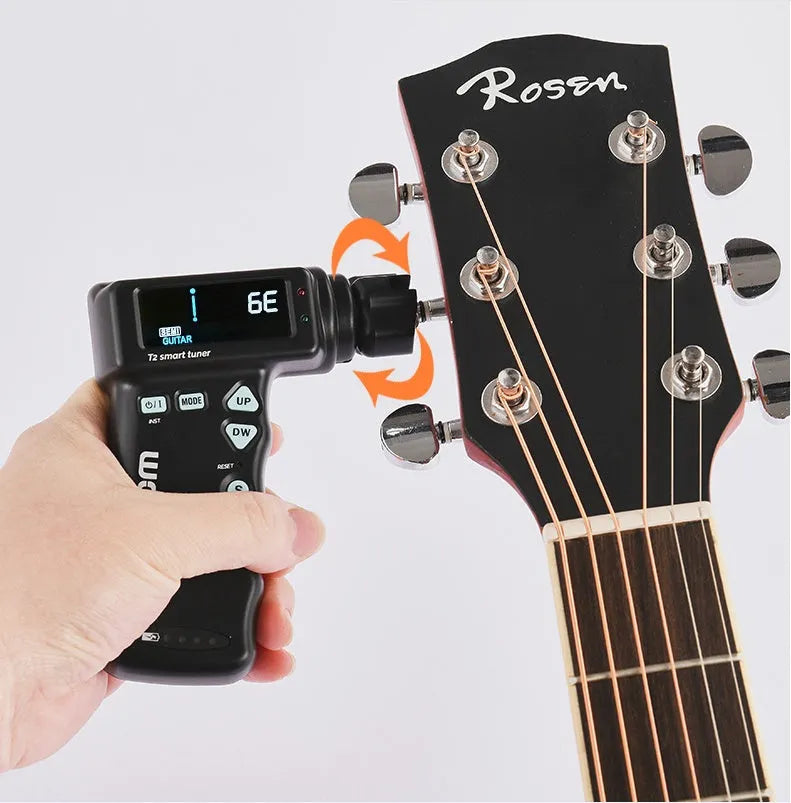 Multi-functional smart guitar tuner with string winder 2-in-1 tool, black and white, with colour LCD display showing tuning status
