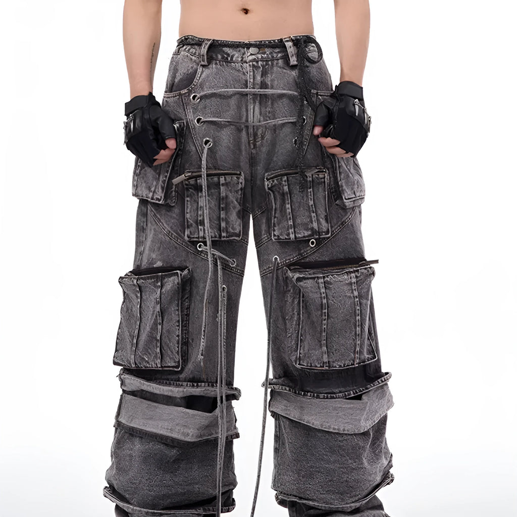 American-style distressed overalls rope stitching mop pants in grey cotton denim