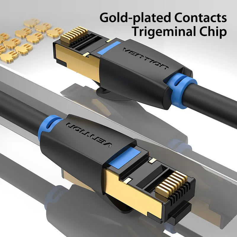 CAT8 shielded ethernet patch cable with RJ45 connectors, shown in flat and round style options.