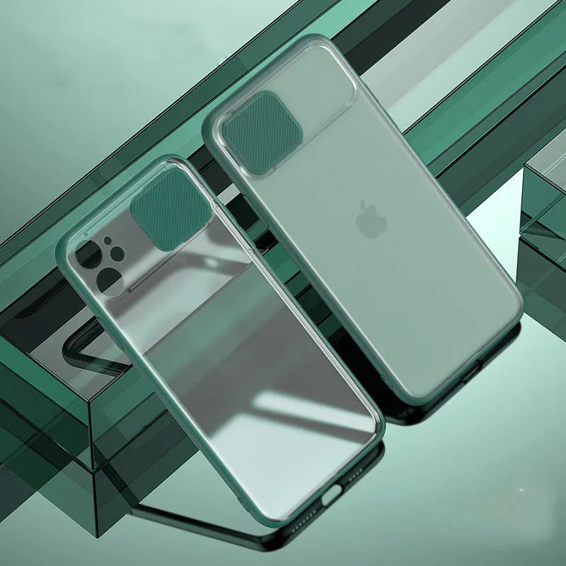 Sliding lens protective phone case for iPhone showing back cover with camera shutter open and closed.