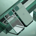 Sliding lens protective phone case for iPhone showing back cover with camera shutter open and closed.