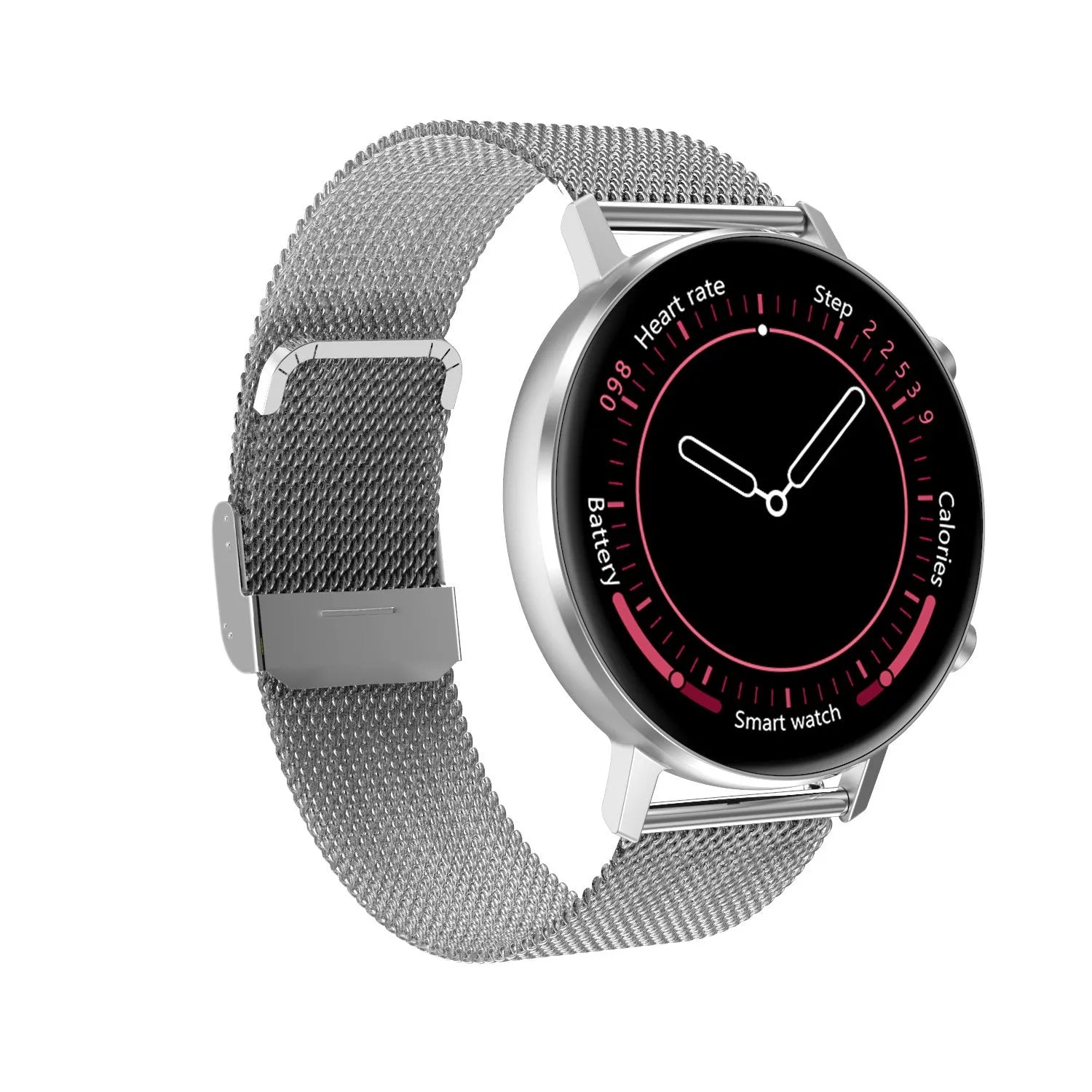 DT96 smart bracelet with silver stainless steel strap and 1.3-inch colour touchscreen display.