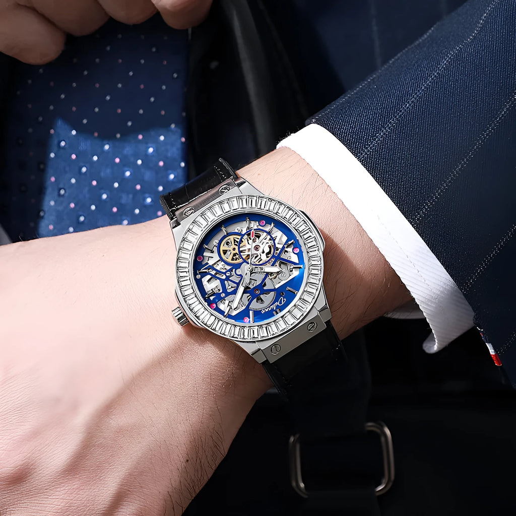 Men's automatic mechanical watch with diamond-studded hollow movement and white case