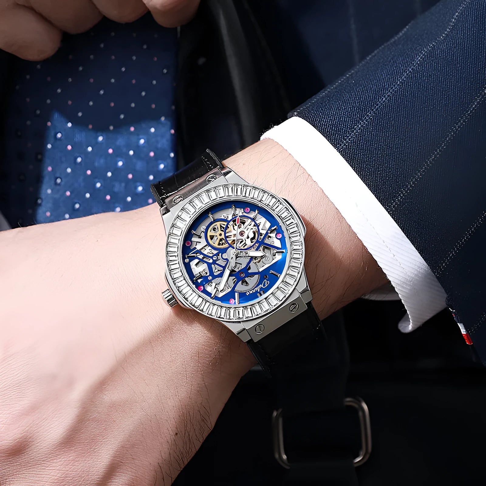 Men's automatic mechanical watch with diamond-studded hollow movement and white case