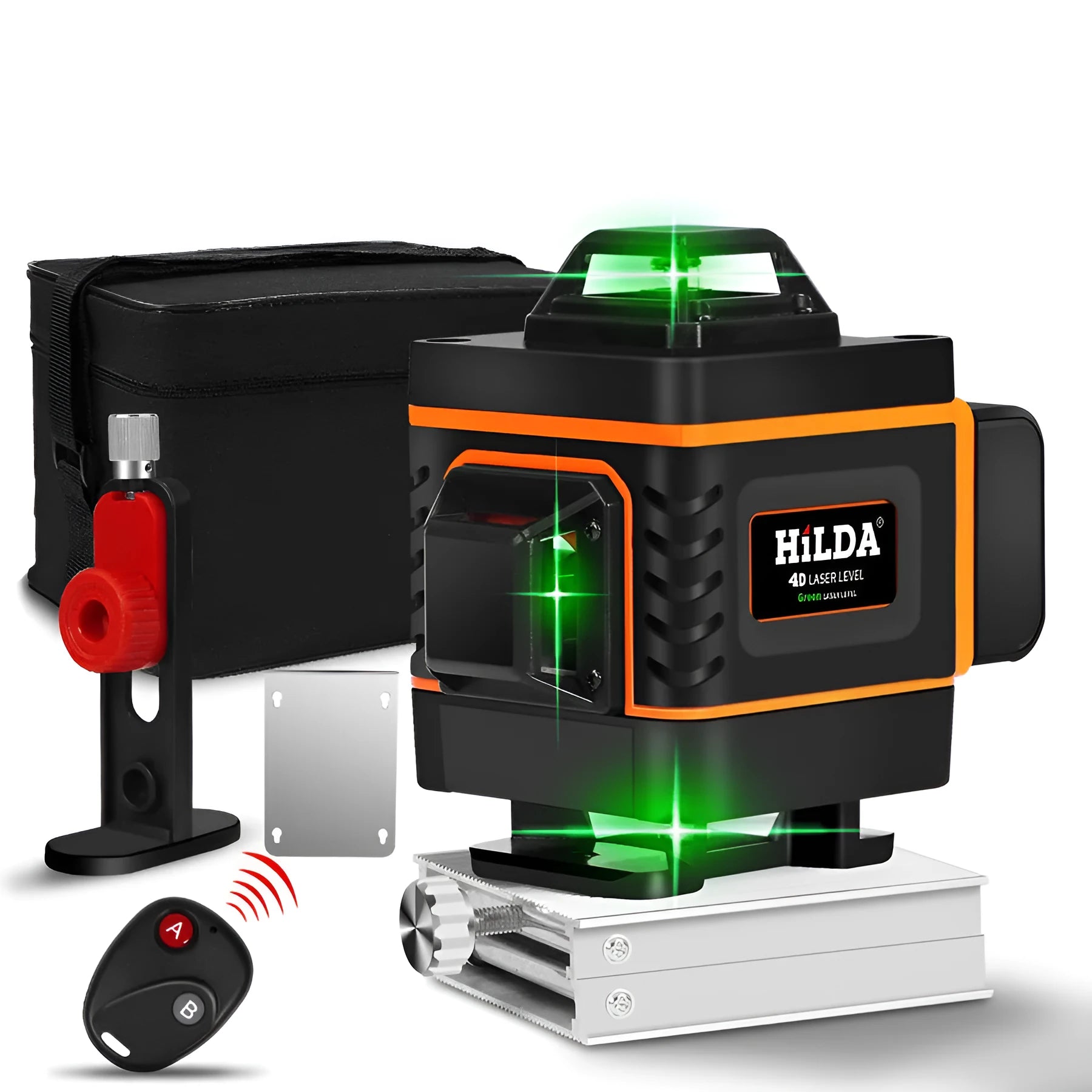 Self-leveling rotating laser level with green beam and rechargeable battery on wall sticker mount