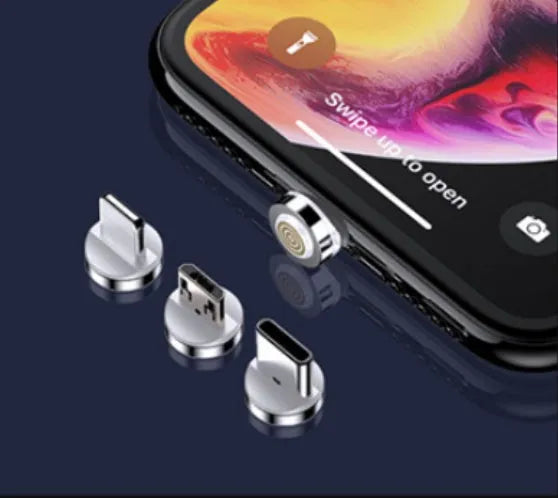Black magnetic fast-charge data cable with side LED light and Type-C, Lightning, and Micro-USB connectors.