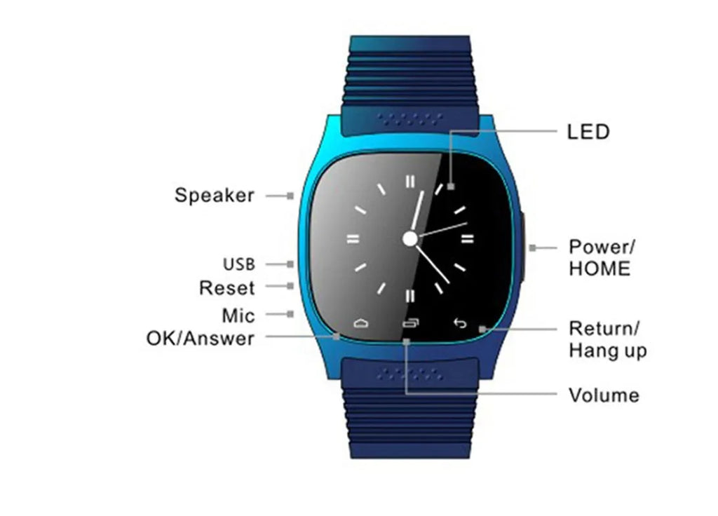 Smart Bluetooth sports watch in black white blue colours with iOS Android compatibility