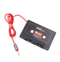 Black car cassette tape adapter with a 3.5mm audio jack plug for connecting MP3 players and phones.
