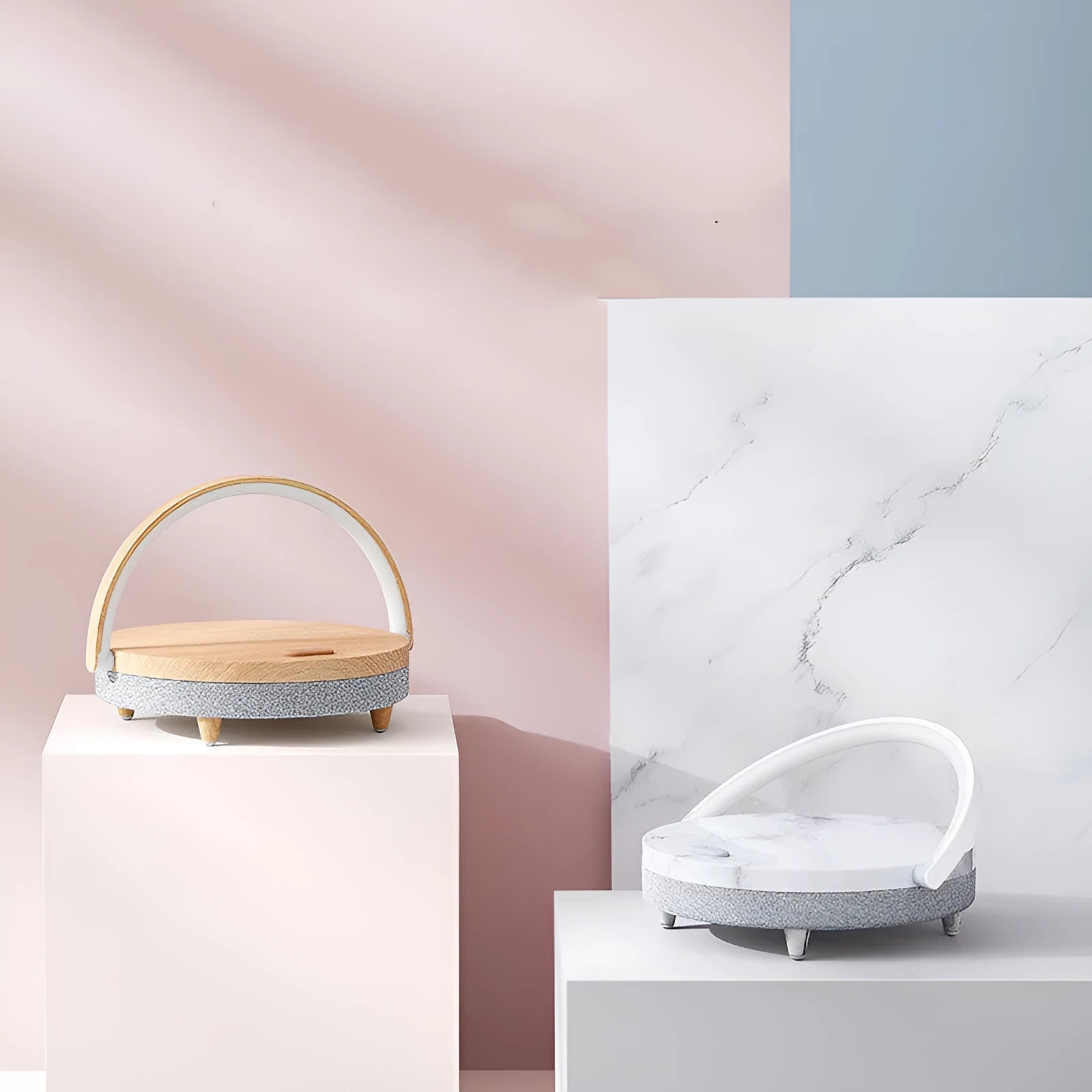 Wireless charging LED desk lamp with Bluetooth speaker and phone holder in marble pattern