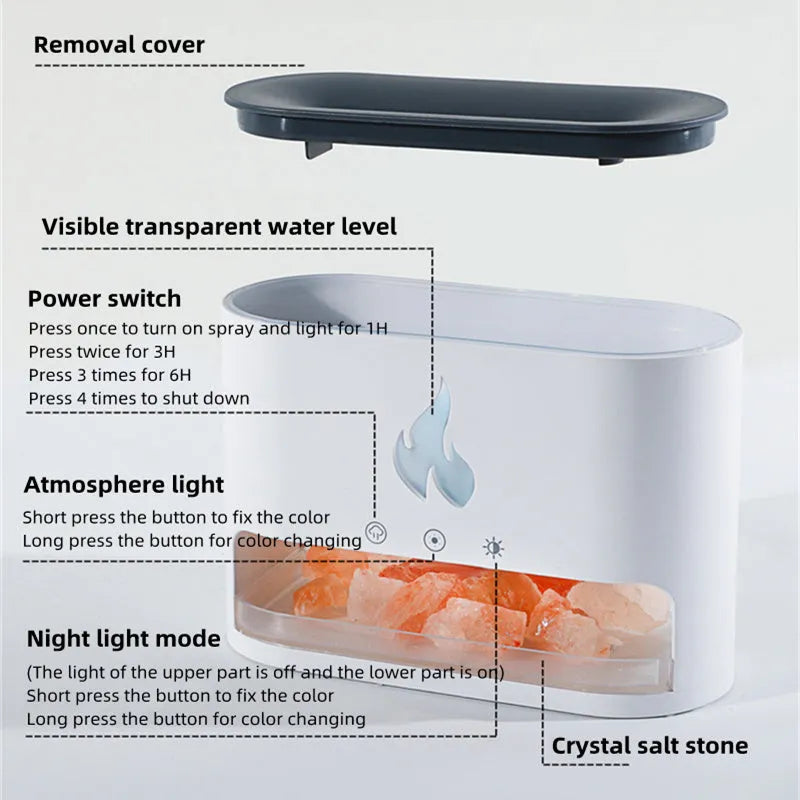New Flame Humidifier Black - 3D simulation flame humidifier with crystal salt stone and colourful atmosphere lamp
