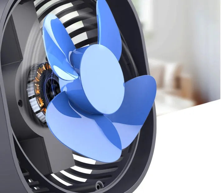 USB desk fan with alarm clock display in modern minimalist design, showing 360-degree rotation.