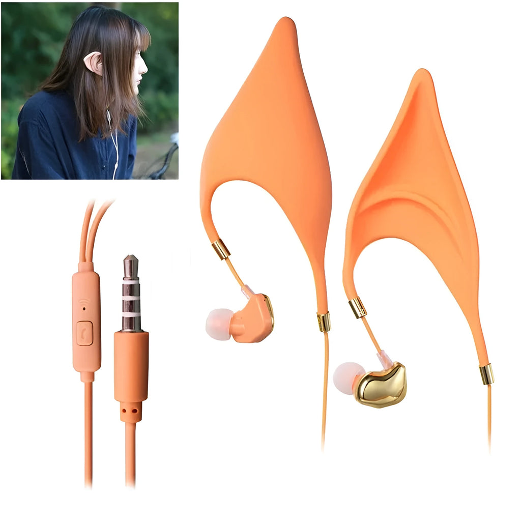 Cute cartoon elf ear in-ear headphones with mic 3.5mm wired cosplay headset in black