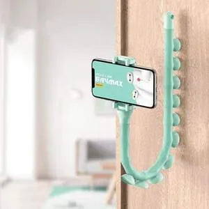 Black flexible worm arm phone holder with suction cup extended, showing 360-degree rotating bracket.