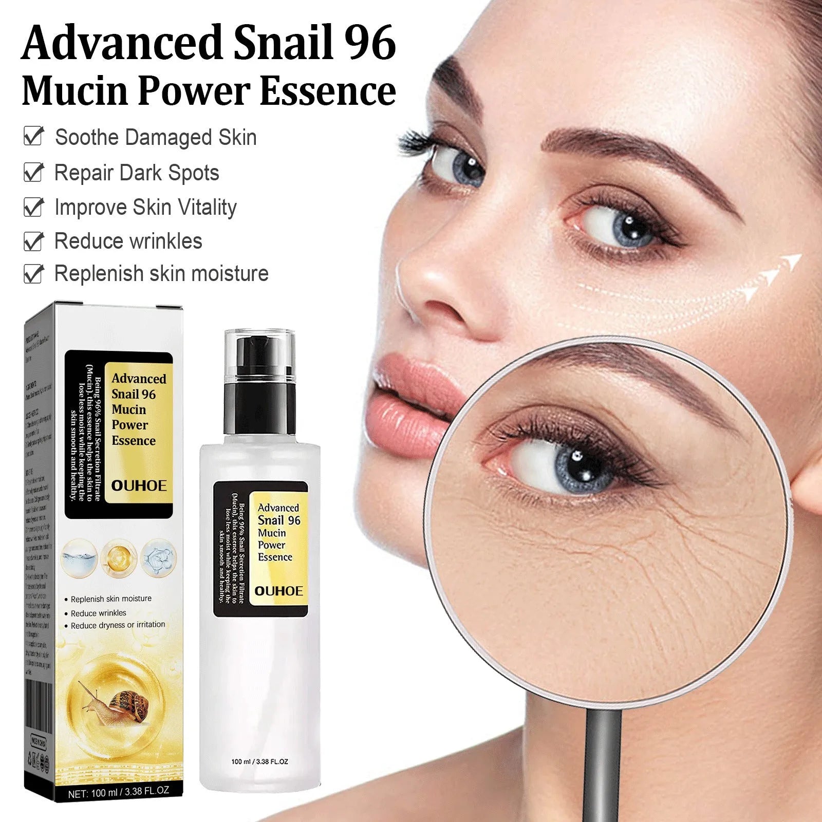 Snail serum collagen facial serum 100ml bottle with photo colour label, hydrating and brightening skin care product