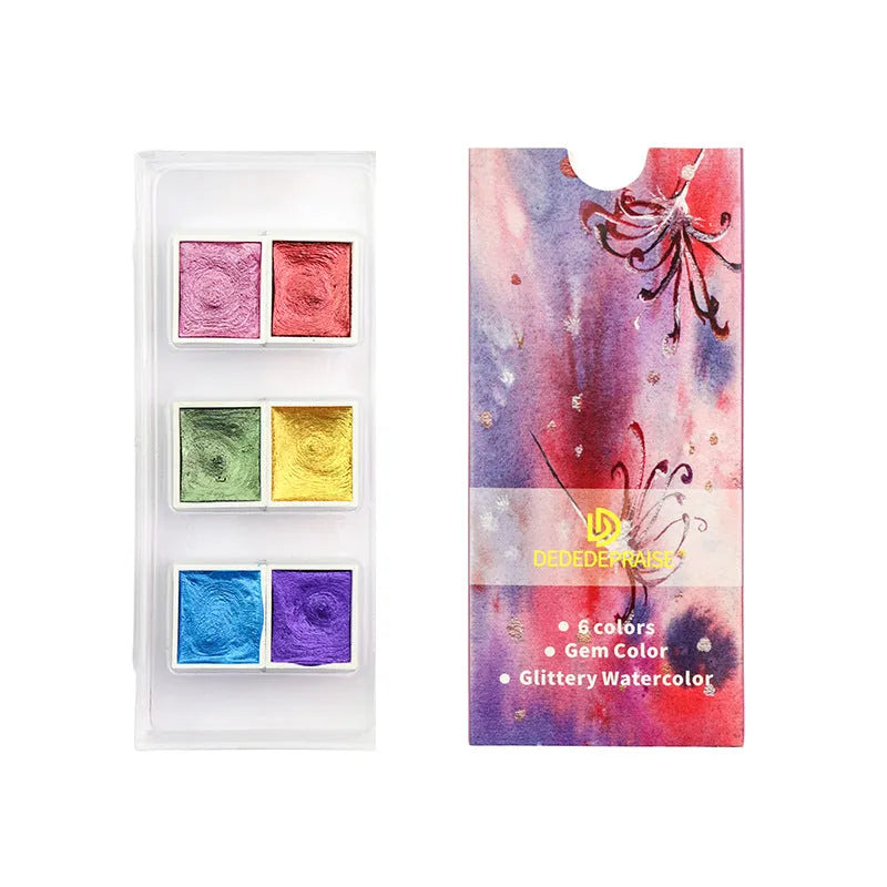 Boxed pearlescent solid watercolour pigment set with 12 colour blocks in uniform size