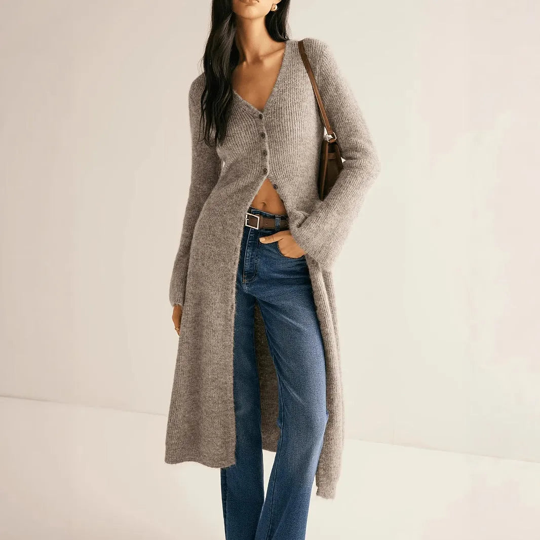 Khaki women's long sleeve viscose acrylic button cardigan coat with retro style