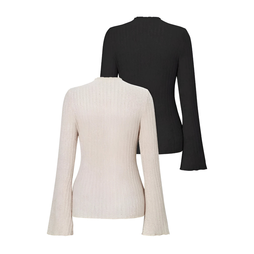Long sleeve round neck top with lantern sleeves in black colour, loose fit casual styling