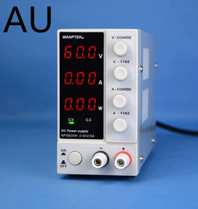 White adjustable DC laboratory power supply unit with controls for 0-60V and 0-5A output.
