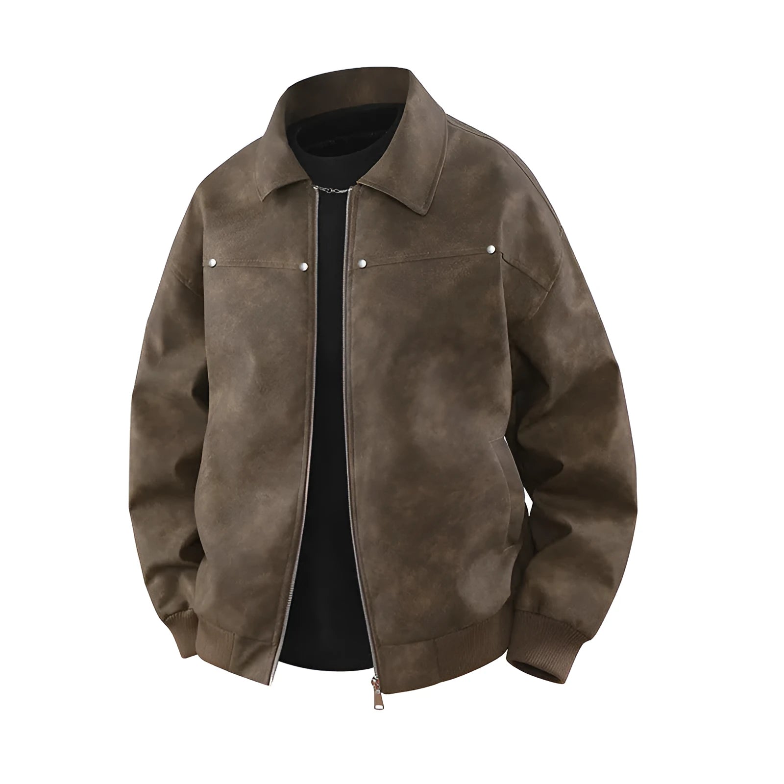 American retro brown lapel leather coat loose fit polyester long sleeve women's outerwear