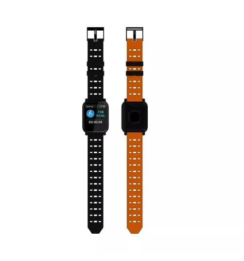 A6 smart bracelet with colour screen showing fitness metrics on wrist, available in black, blue, or orange silicone strap options